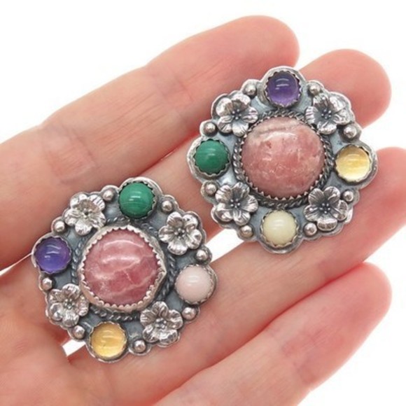SILVER CLOUD Old Pawn 925 Sterling Vintage Multi-Gem Flower...